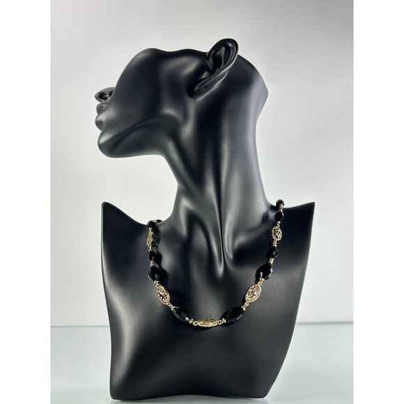 Choker Necklace Gold Tone Graduated Black Stone Filigree Beaded Necklace Jewelry - Picture 1 of 8